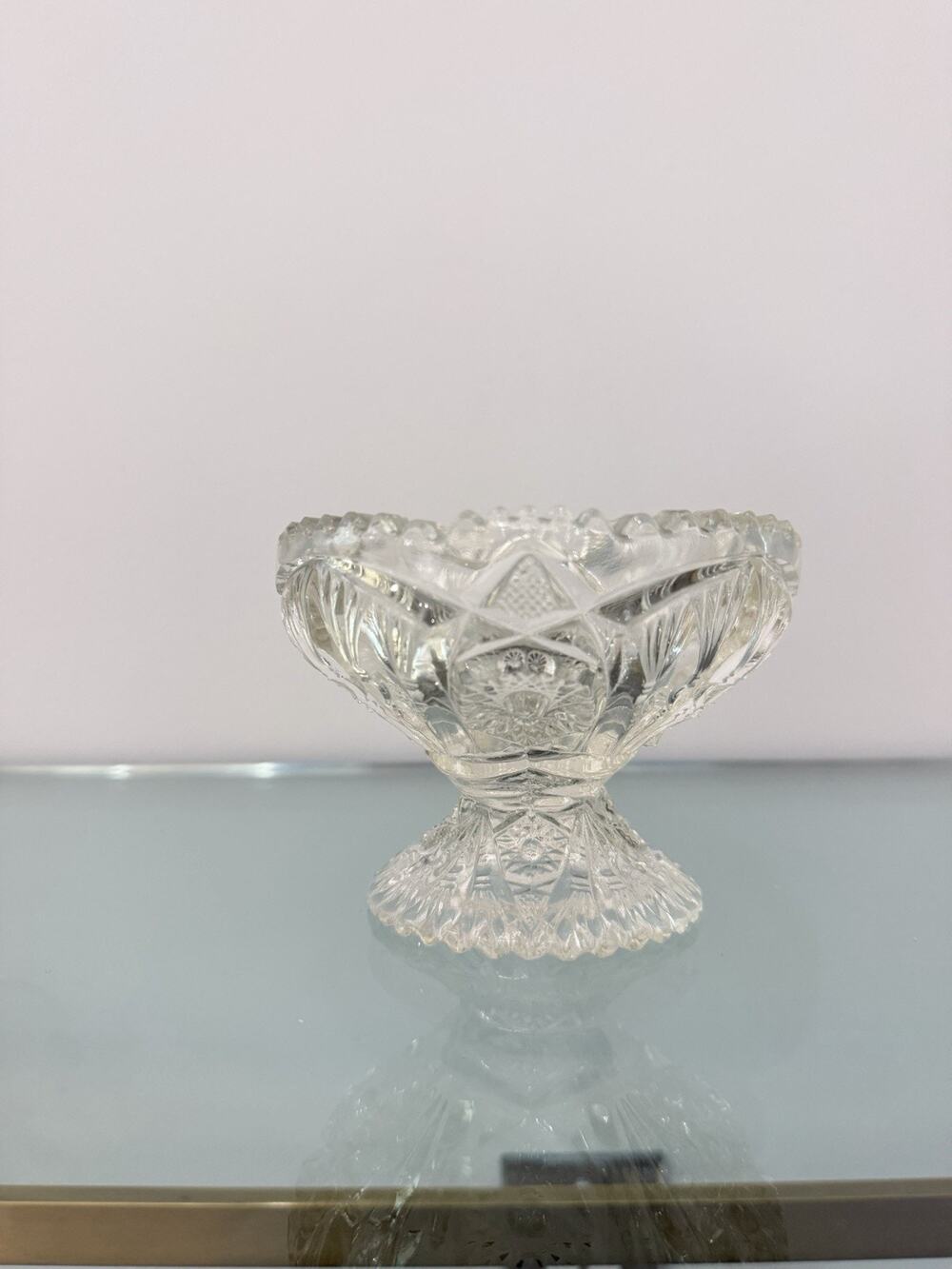 Vintage Imperial Glass Compote Diamond Cut Star Fan Pedestal Candy Dish Bowl